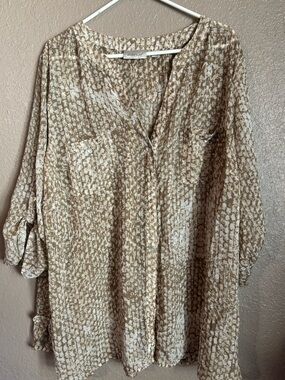 Avenue Tan & White Printed Button-Front Tunic